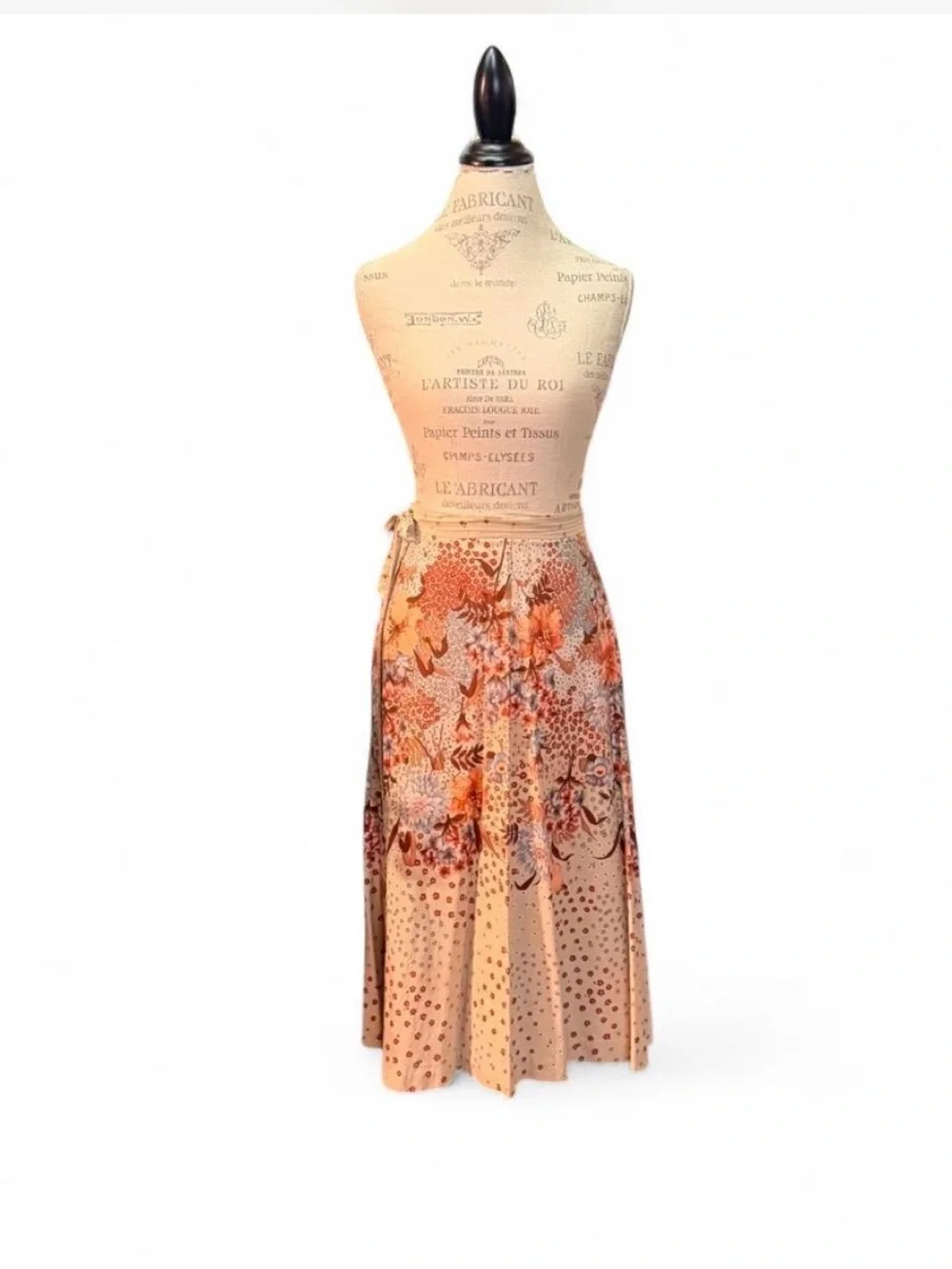 Orange, Brown, and Beige Floral Print A-Line  Midi Wrap Skirt